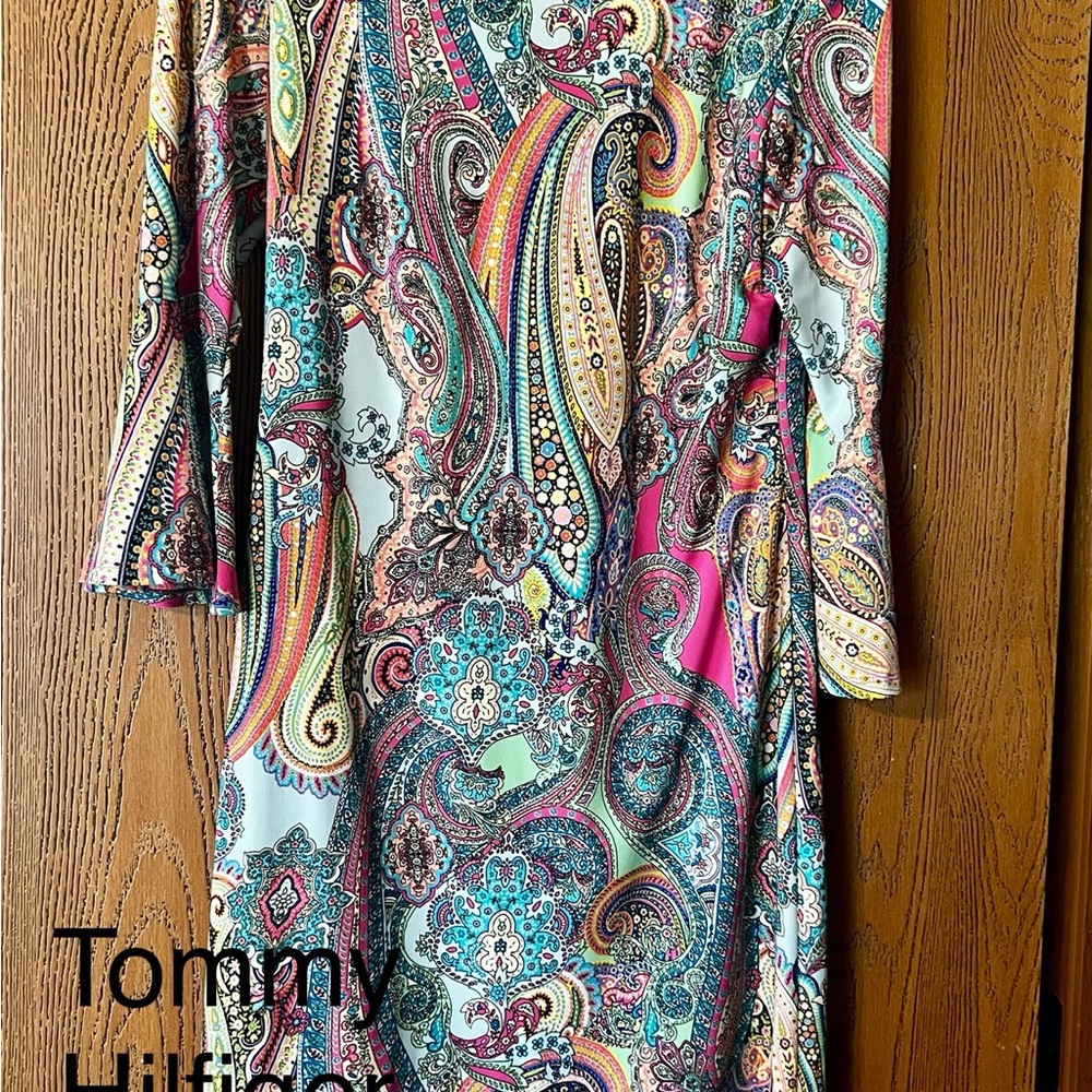 Tommy Hilfiger Green and Pink Sheath Dress 3/4 Sleeve